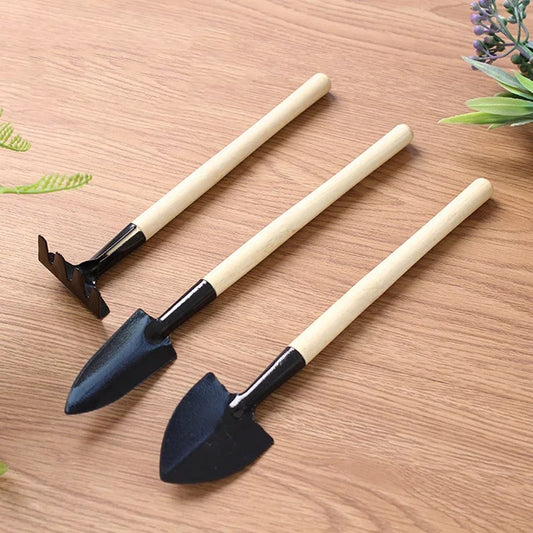 3pcs Mini Garden Shovel Rake Spade Bonsai Tools Set Wooden Handle for Flowers Potted Plant Garden Tools Weeding Tools